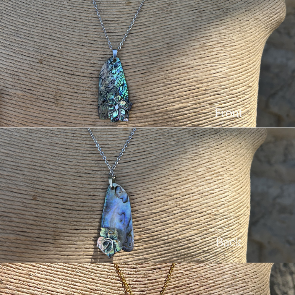 Twin Pāua Hibiscus Flower Pendant & Chain (1of1 )